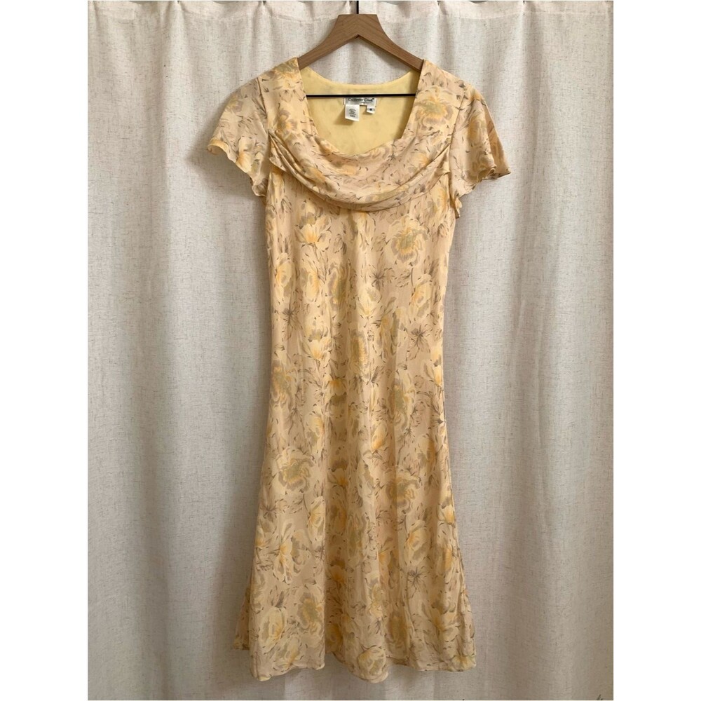 Coldwater Creek 100% Silk Apricot Cream and Yellow Floral Midi Cowl Neck Dress 8